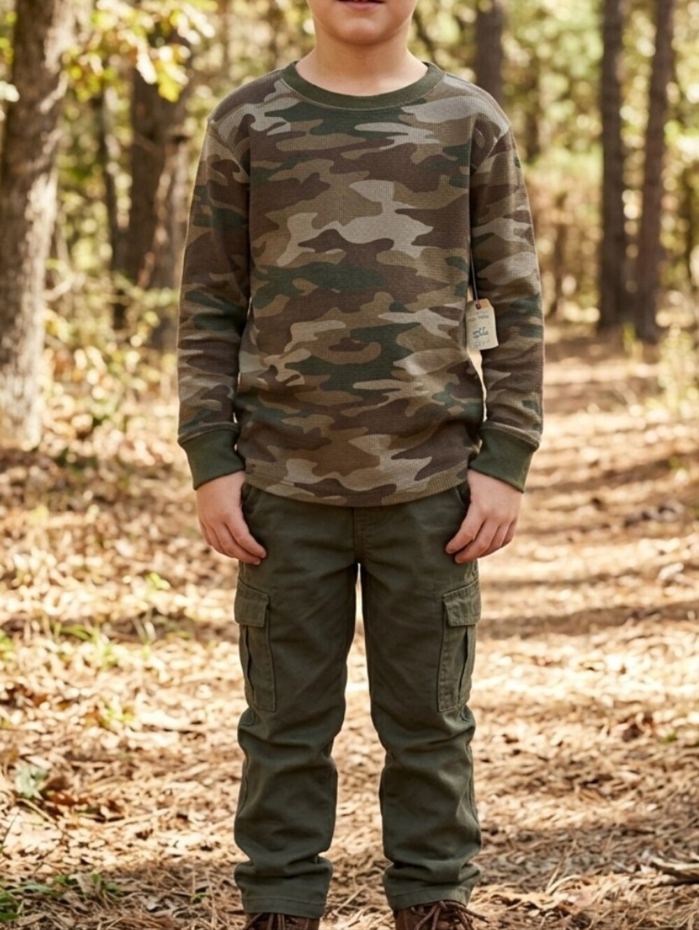 #K Faded Glory Boys' Woodland Camo Long-Sleeve Tee in Olive and Brown